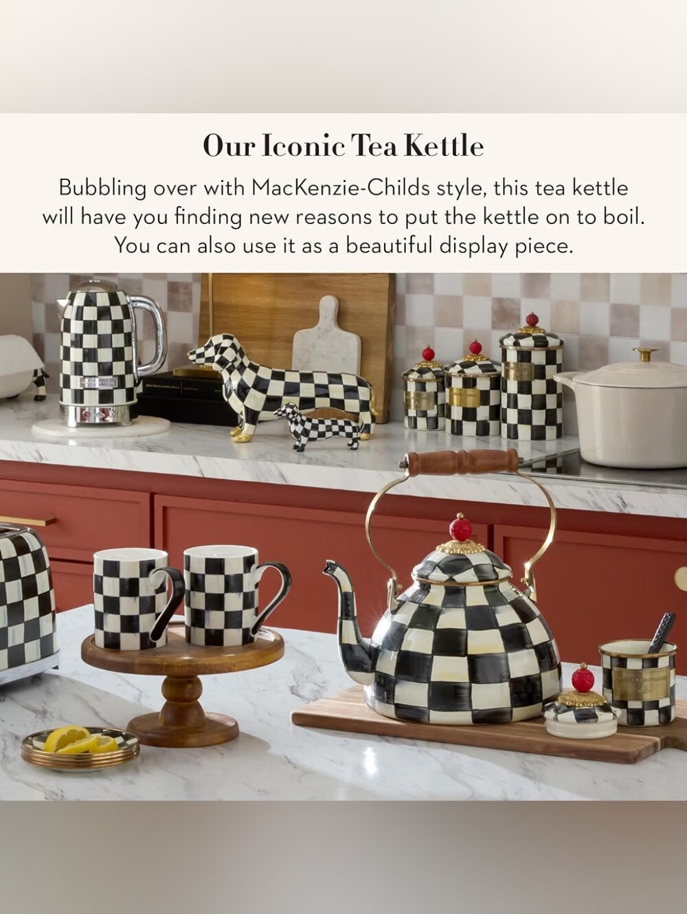 MACKENZIE-CHILDS Tea Kettle, 3 Quarts, Black-and-White Courtly CheckHand-paint